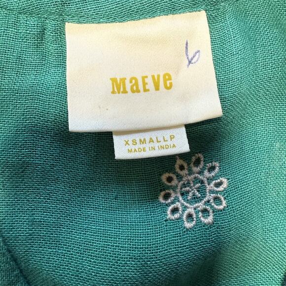 Maeve Dress XS P Green Sleeveless Embroidered Tunic Linen Floral Boho Summer - Picture 7 of 9